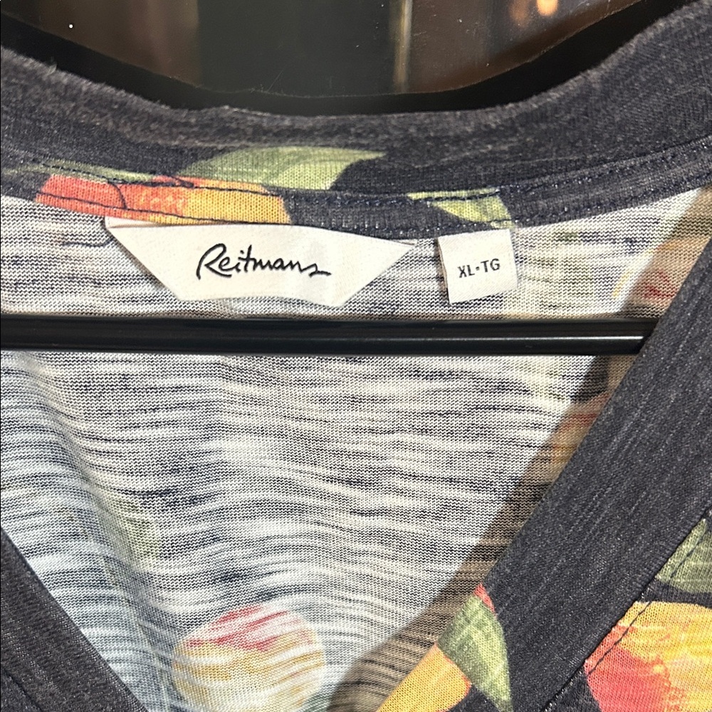 W100. Navy Fruit Print Button Front Top - Picture 2 of 4